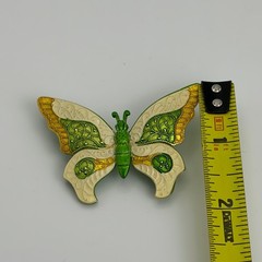 Vintage Germany Enamel Butterfly Brooch Green Cream Gold Tone Metal Pin