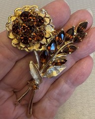Vintage Signed Weiss Rhinestone Topaz Amber Rhinestone Flower Brooch Leaf Spray