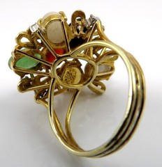 Vtg 14K Yellow Gold Multi Color Jade & Diamond Cluster Ring Size 5.5 FZZ