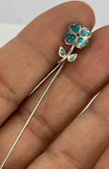 Vintage Turquoise Inlay Flower Stick Pin Silver Tone