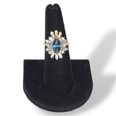 Vintage 18K HGE Blue Marquise CZ Starburst Ring Baguette Halo Cocktail Sz 9