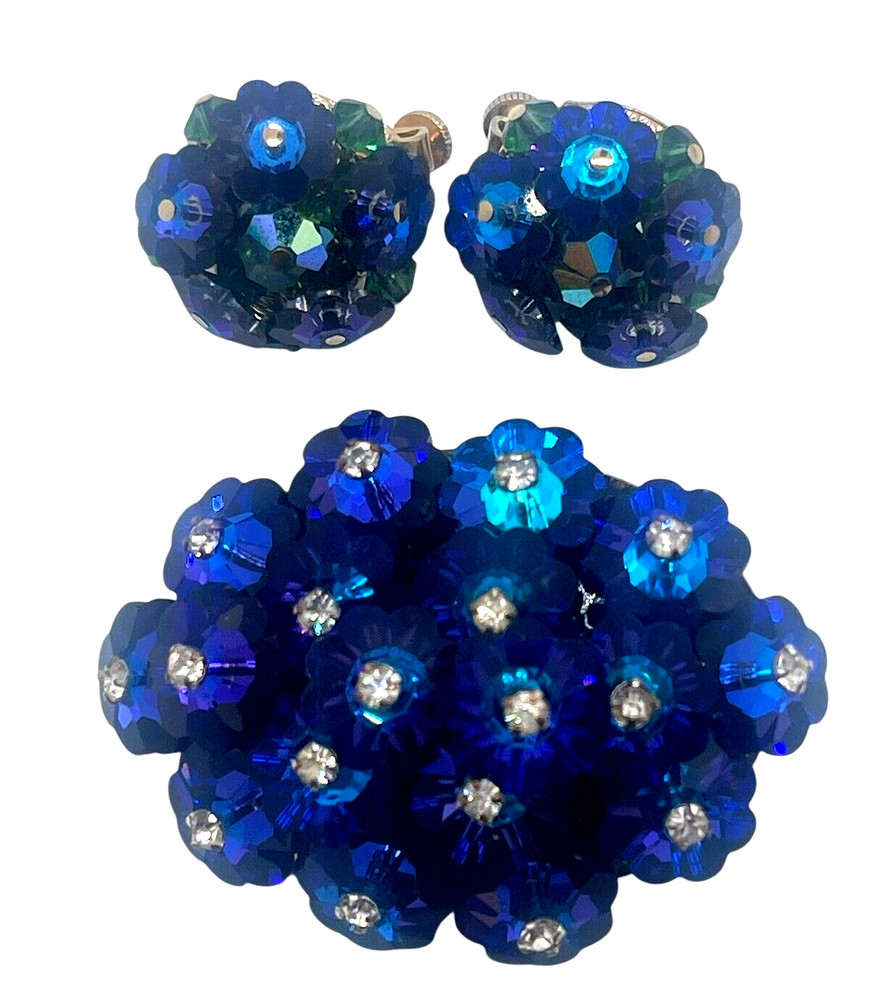 Gorgeous Vendome Faceted Peacock Iridescent Margarita Stone Brooch & Earring Set