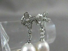 ANTIQUE DIAMOND 11M OVAL SEA PEARL 14K WHITE GOLD HANGING FILIGREE EARRINGS #836