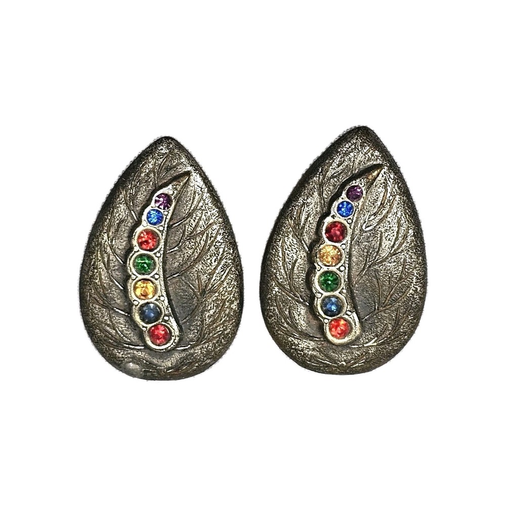 Antique Art Deco Bejeweled Metal Leaf Clip On Earrings | Appr 1.5″L & .75″W