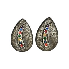 Antique Art Deco Bejeweled Metal Leaf Clip On Earrings | Appr 1.5″L & .75″W