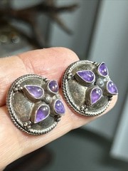 36. Vintage Tribal 925 Sterling Amethyst Stone Button Stud Earrings 21mm, 10.4g