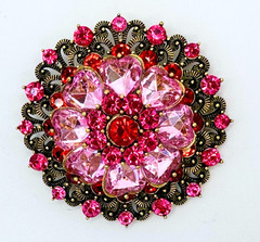 Gold Tone Pink Heart Shape Rhinestones & Red Rhinestones Brooch