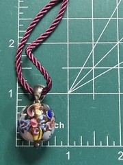 Art Glass Floral Bead Pendant Necklace 18” Blue White