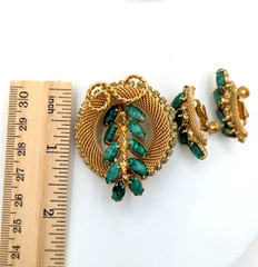 Vintage HOBE Brooch Earrings Set Green Art Glass Gold Mesh Rhinestone