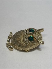 Vintage Gold-Tone Owl Brooch Pin with Green Glass Eyes Clear Rhinestone Accents