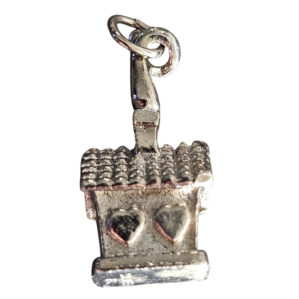 Vintage Silver PL House Charm with Heart Windows Pendant 0.75 Inch