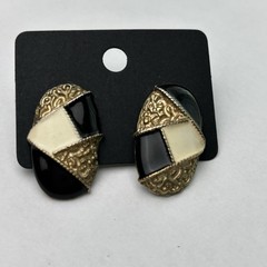 Vintage Enamel Earrings Black gold cream BOLD 90’S Textured Post Pierced Backs