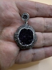 Vintage 925 Sterling Silver Druzy Amethyst Marcasite & Clear Stone Pendant