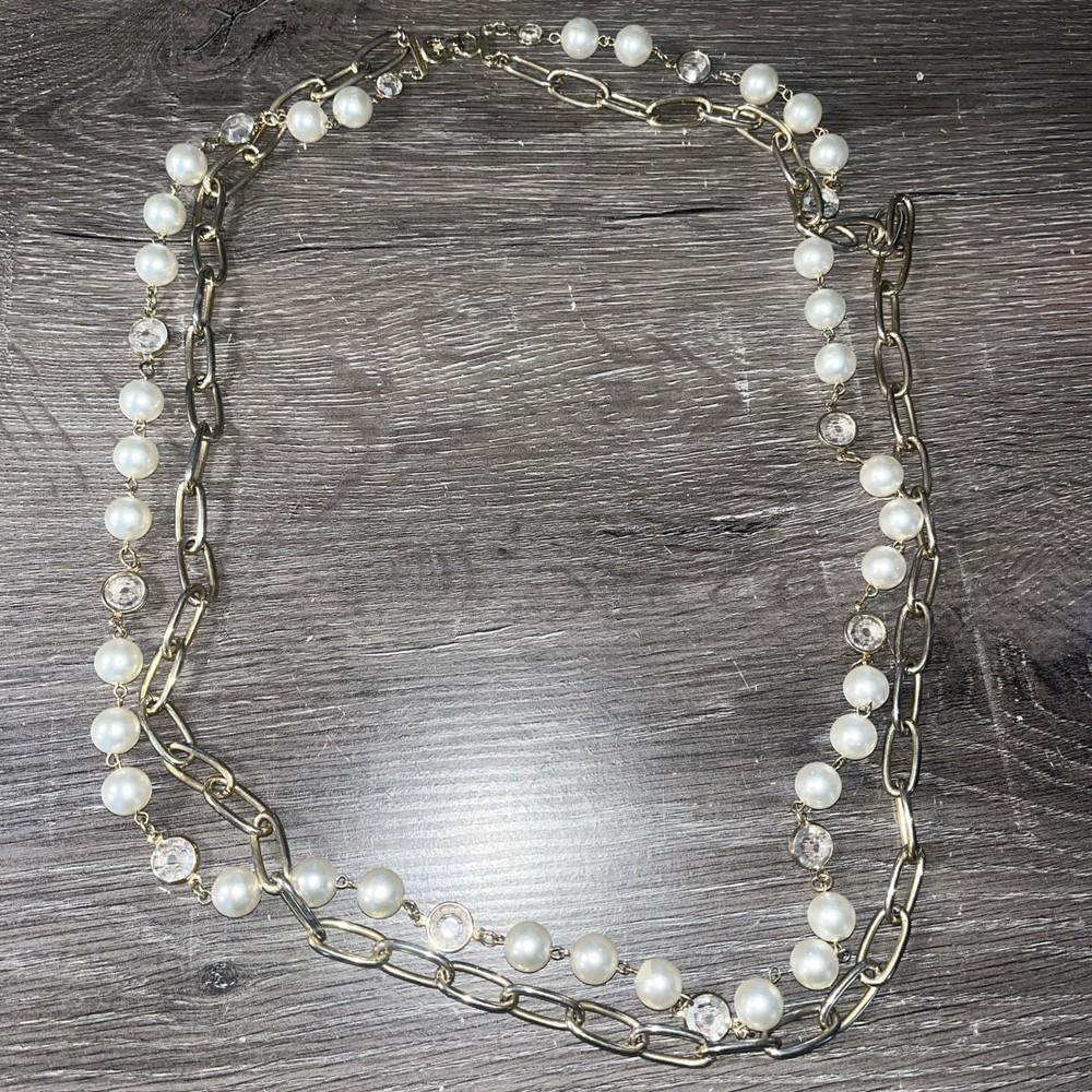 Vintage 36in Gold Tone Pre-Layered Double Strand Necklace Faux Pearls & Resin