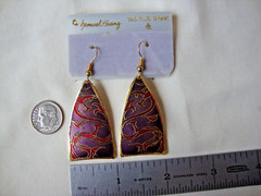 VINTAGE SAMUEL HUANG DESIGNER CLOISONNE RETRO ABSTRACT RED & PURPLE EARRINGS