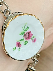 Vintage Porcelain Plate Charm Bracelet Floral Tea Party Cottagecore Pastel