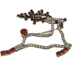 Reindeer Brooch Deer Pin Crystal Gold tone Christmas Holiday Gift Flying Vtg #5