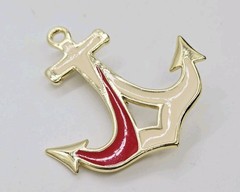 Anchor Ship Brooch Red White Enamel Gold tone Vintage 2.25 in
