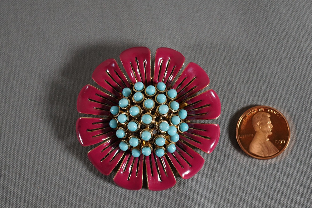 Vtg Petal Enamel Blue Plastic Ballotini Bead Stone Flower Brooch