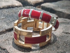 2 Vintage Hinged Bangle Bracelets with Red Enamel 1 Gold Tone 1 Silver Tone 80’s