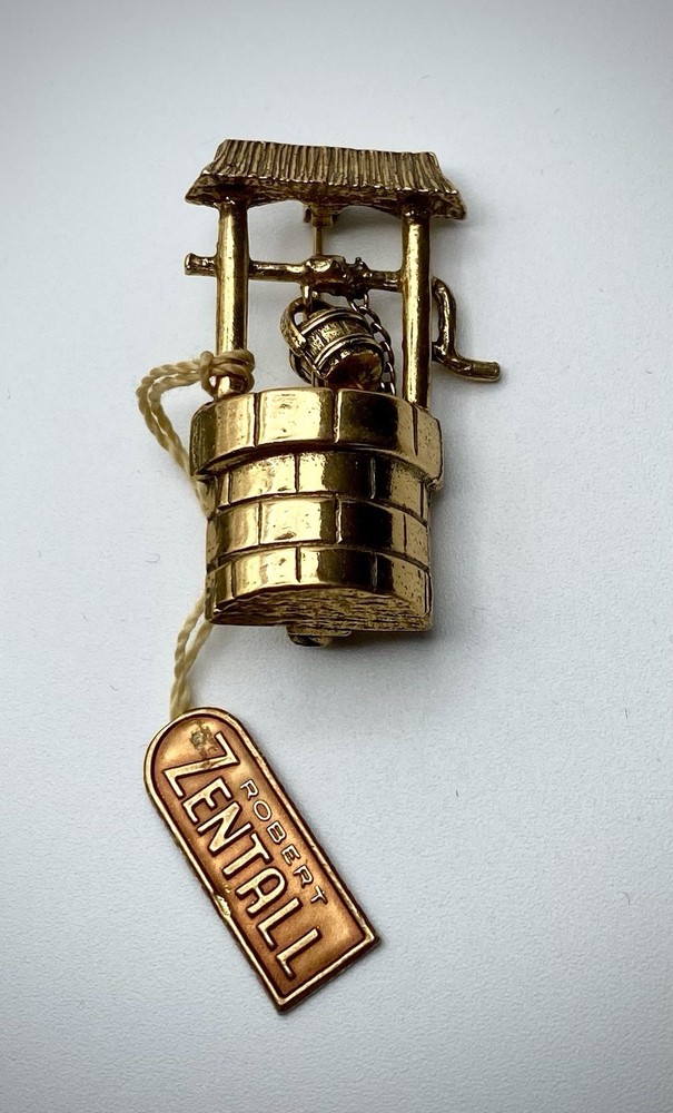 Vintage Robert Zentall Goldtone Wishing Well Brooch Pin With Attached Tag