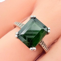 Contemporary Marked Sterling Silver Emerald Cut Green Tourmaline Ring Sz 7.75