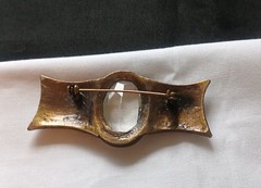 Vintage Art Deco Style Brooch Clear Oval Crystal & Orange Rhinestones Jewelry