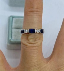 Art Deco Style Lab Created Diamond & Sapphire Anniversary 14K White Gold FN Ring