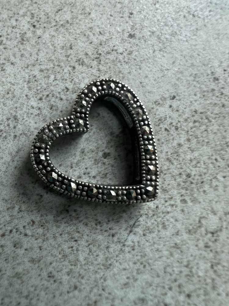 Sterling Silver Marcasite Heart Open Slide Pendant Charm For Necklace SLC C6
