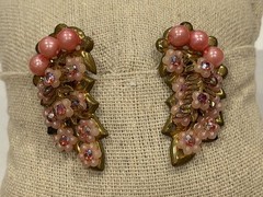 MCM PINK CLUSTER FLOWER RHINESTONE FAUX PEARL SEED BEAD CLIMBER CLIP ON EARRINGS