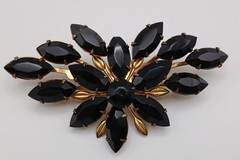 Vintage Jet Black Rhinestone Gold tone Brooch MCM