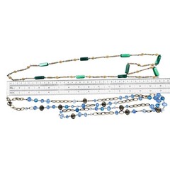 Vintage Station Bead Long Necklaces Green Blue Glass Beads Gold Tone 36″ 48″ 60s