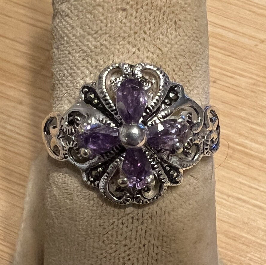 Vintage Marsala Amethyst Filigree Sterling Silver 925 Cocktail Ring Sz 7.75