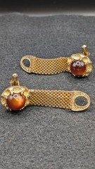 Art Deco Round Gold Tone Mesh Wrap Faux Tiger Eye Cufflinks Set