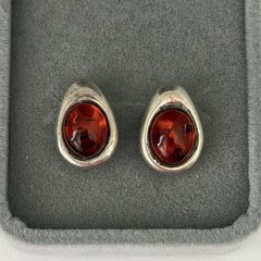 Vintage 925 Sterling Silver Natural Baltic Amber Cabochon Pear Post Earrings