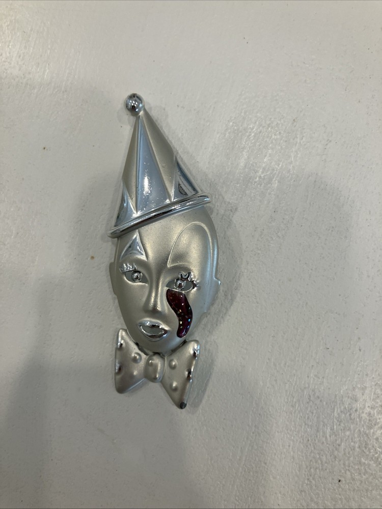Vintage Crying Pierrot Clown Enamel Tear Silver Tone Brooch, Clown Jewelry, 1980