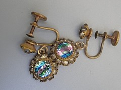 Estate Czech Antique Iris Glass Rhinestone Screw Back Dangle Earrings Signed