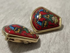 Hermès Vintage Enamel Clip-On Earrings Red with Tribal Figure Design Gold Tone