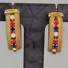 Mesh Necklace Huggie Clip Earrings Set Red White Blue Rhinestones Gold Tone 16″