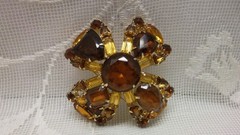 Vintage Amber Brown Topaz & Rhinestone Domed Flower Brooch Eisenberg ?