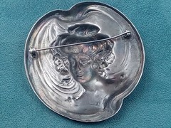Large Ornate Antique Silver Tone Pressed Metal Victorian Lady’s Face Pin: 2.25″