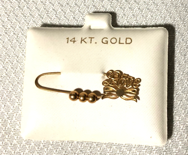 Vtg NEW Safety Pin Style Lapel Brooch/14K Gold “LOVE”/3 Sliding Beads/Jewelry