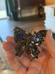 Verified Juliana D&E Butterfly Brooch Black Japanned Blue Art Glass Rare