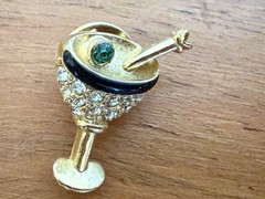 Vintage Lot of 2 Bar Pins Mini Top Hat & cocktail Pins rhinestones black enamel