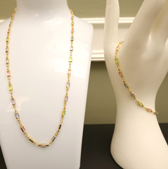 Rainbow crystals jewelry set 18-in necklace 7-in bracelet bezel-set stamped BZL