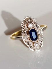 Art Deco Vintage 14k Gold Finish Lab Created Diamond & Sapphire Engagement Ring