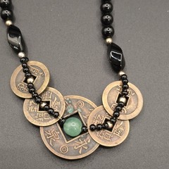 Chinese 5 FULU Coin 23″ Necklace w/Black Onyx/Obsidian Beads & Center Jade Stone