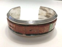 Vintage Sterling Silver Red Coral Turquoise Cuff Signed by D. Nightengale 1970s