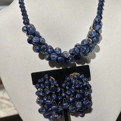 VINTAGE SET WEST GERMANY ART GLASS BLUE LAPIS WATERFALL EARRINGS NECKLACE