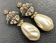 Rare Serbin Massive Royal Cross VTG 80s Faux Pearl Rhinestone Earrings Runway